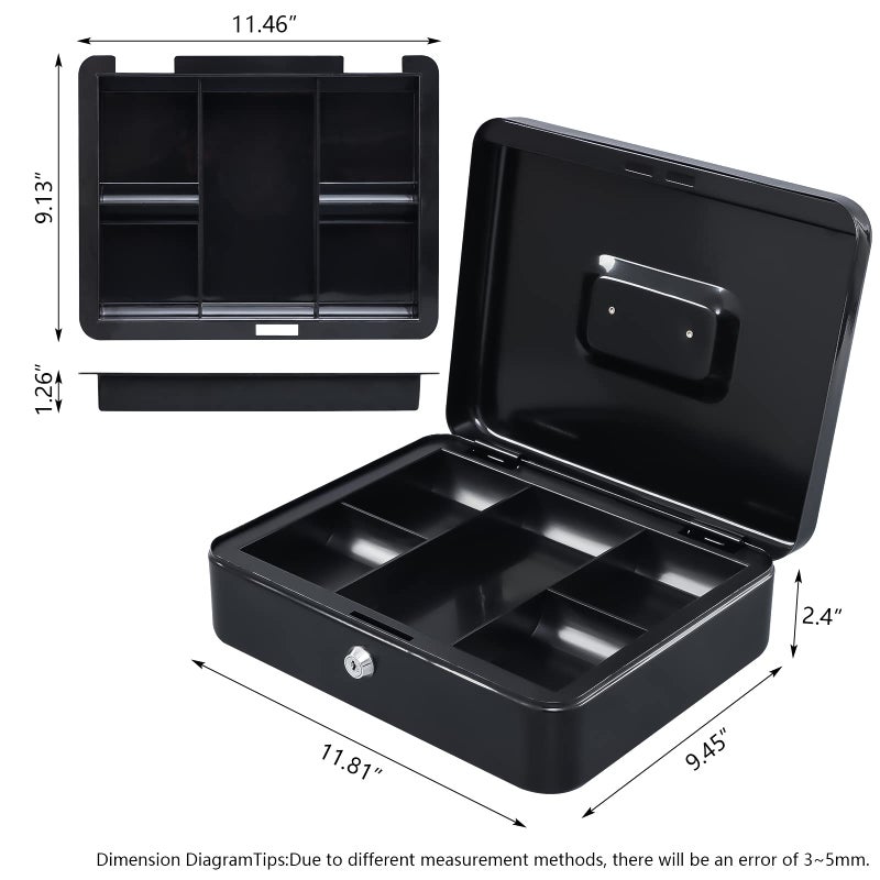 KYODOLED Metal Cash Box with Money Tray and Lock,Money Box with Cash Tray,Cash Drawer,11.81"x 9.45"x 3.54" Black X Large - Image 5